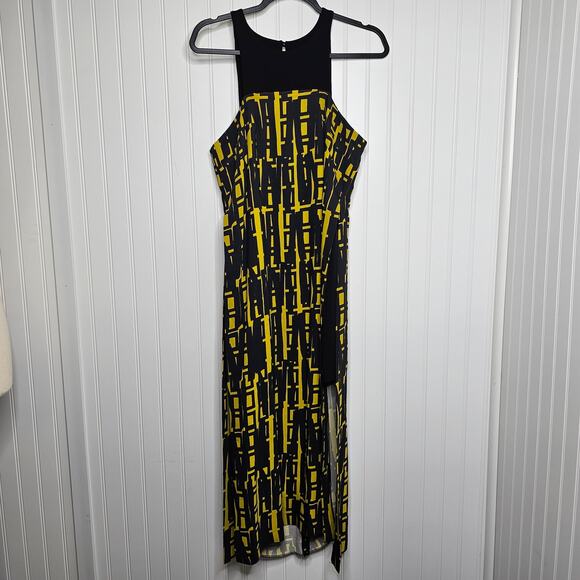 Milly Women's Black Yellow Geometric Fitted Bodycon Midi Dress Size Small Slits - Picture 10 of 10